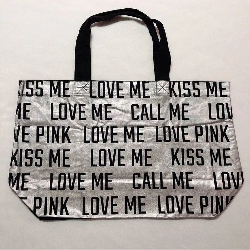Victoria’s Secret Silver Metallic Love Me Kiss Me Call Me Tote Bag